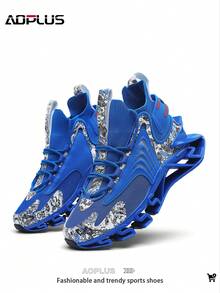 AoPlus Athletic Running Shoes, Mesh Knit Design, Royal Blue With White Pattern, Geometric Sole - Royal Blue - View 5