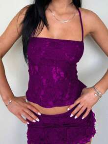 Summer Two Piece Outfits For Women Y2K Going Out Sexy Lace Sleeveless Cmai Crop Tops Low Rise Bodycon Mini Skirt Sets Clubwear - Màu tím - Xem 2