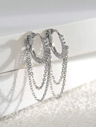 Charm-In זוג אחד עגילי חישוק בצבע כסף עם זירקוניה מעוקב משובצת בציציות