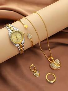 5 peças/Conjunto Relógio de Quartzo Feminino XSVO Genuíno com Mostrador Estrelado Iridescente Redondo do Dia a Dia, Pulseira de Aço Inoxidável + Acessórios de Coração de Strass, Sem Caixa de Presente