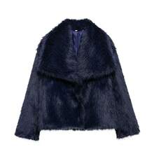 Seelio秋冬新款加厚仿狐狸毛领仿皮草短款外套年轻优雅中长款皮草大衣 - 藏藍 - 查看 8
