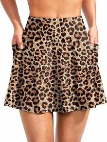 Traje de baño de falda alta con bolsillos con cremallera y control de barriga para mujer, Bottom de tankini - Leopardo - Ver 1