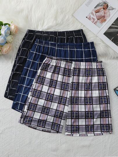 3 pièces Ensemble de shorts de pyjama décontractés pour hommes avec imprimé à carreaux et rayures, vêtements d'intérieur