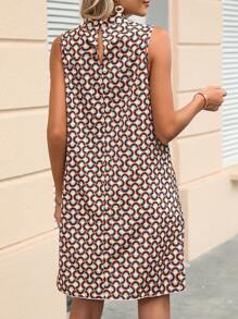 Geometric Pattern Sleeveless Casual Elegant Short Dress For Women, Office Wear (Belt Not Included)