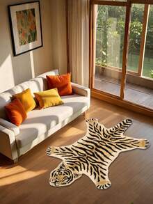 1pc Fluffy Tiger Print Carpet - Asymmetrical Shaped Rug, Soft Plush Texture, Machine Washable, Home Decor Suitable For Living Room, Bedroom, Bathroom, Kitchen, Home & Room Decoration (Handcrafted Asymmetrical Shape May Have 1-5cm Deviation, Suggest Order A Larger Size)