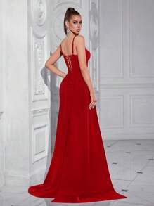 ADYCE V领镶钻高腰长开衩露背连衣裙，女士正式晚礼服，婚礼宾客礼服，夏季新年礼服 - 紅色 - 查看 2