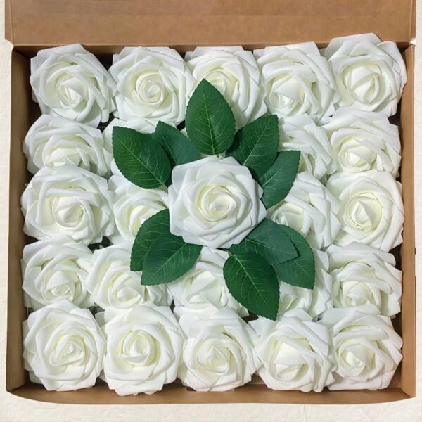 26 Piezas de rosas blancas artificiales con hojas verdes - Ideal para bodas, Día de San Valentín, Día de la Madre, Acción de Gracias y decoraciones de fiesta, decoración de boda | Arreglos florales elegantes | Rosas de plástico, flores de boda artificiales