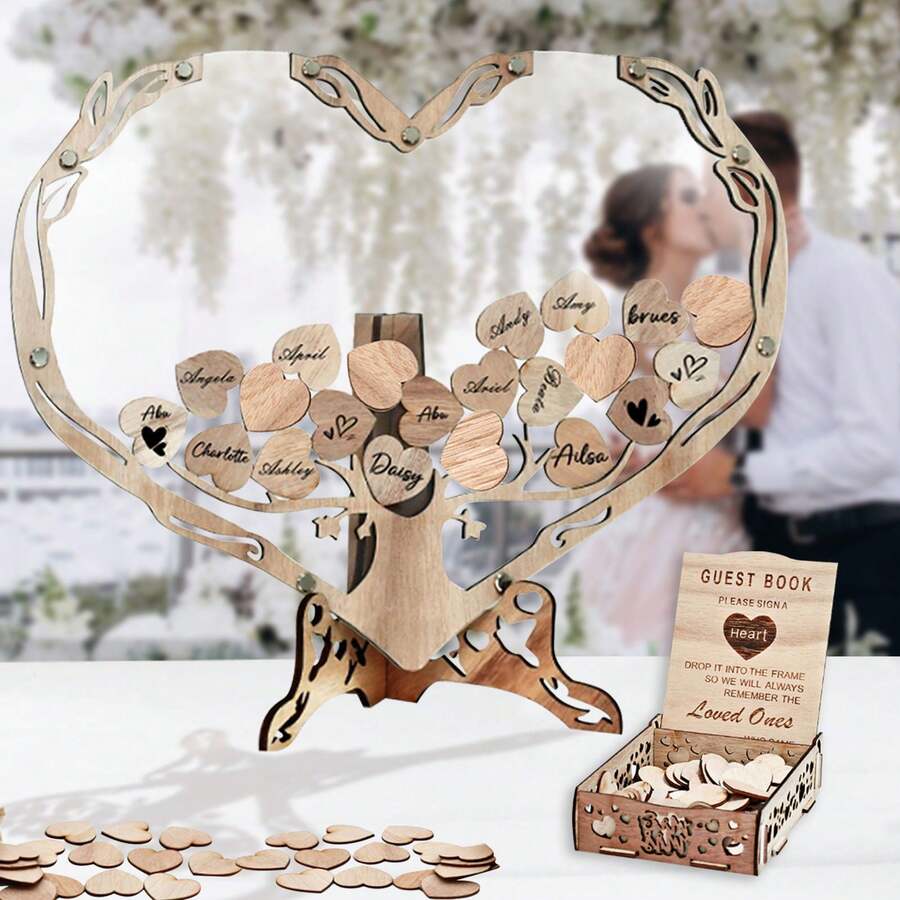 Wedding Guest Book, Drop Top Frame Sign Book With Wooden Hearts Wedding Decor, Guest Book For Wedding, Memory Box, Bulletin Board Decor, Wedding Message Board Photo Frame, Guest Book Alternatives, Suitable For Weddings Baby Showers, Birthday Party, Graduations, Retirement Gift, Wedding Anniversaries, School Supplies, School Essentials - 愛心 - 查看 1