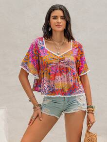 Bohemian Multicolor Subtropical Printing V-Neck Trumpet Sleeves Short Ladies' Shirts Seaside Holiday Coachella Music Festival Tropical Vacation Hawaii - 彩色 - 查看 5