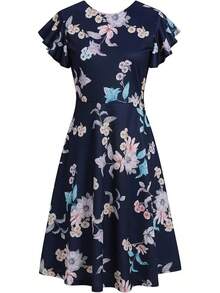Women's Semi-Formal Ruffle Sleeve V-Back Work Fit And Flare Cocktail Knee Length Dress With Pockets, 2025 Style - 海軍粉 - 查看 3