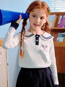 ASK JUNIOR ASK JUNIOR Tween Girls "Relaxed French" Long Sleeve Navy Collar Half-Zip Up T-Shirt Sweater