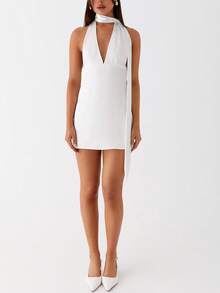 Women's Sleeveless Halter Backless Mini Dress Deep V Neck A-Line Casual Party Short Dresses,With Scarf - trắng - Xem 6