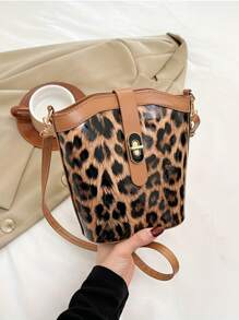 Simple Retro Leopard Print Bucket Bag For Women, New Casual Fashion One Shoulder Crossbody Bag, Textured Leisure Crossbody