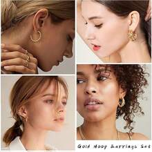 24 Pairs Gold Hoop Earrings Set For Women Hypoallergenic Chunky Chain Twisted Open Hoops Dangle Earring Packs For Birthday Party Christmas Fashion Jewelry Gift - Gold - View 2