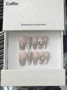 10pcs/Pack Short Square/Round White Milky Glass Bead Cat Eye Glitter Sticker Nail Patch, Elegant Minimalist Handmade Nail Art Decals, Suitable For Daily, Holiday, And Dates, Press-On Nails