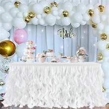 1 pieza Falda de mesa de gasa con volantes, se ajusta a mesas rectangulares de 4 pies/5 pies/6 pies/9 pies/14 pies, adecuada para bodas, despedidas de soltera, fiestas de cumpleaños, banquetes, decoración del hogar - Multicolor - Ver 5