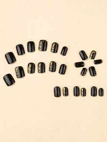 24 件方形短款黑色金属金箔简约假指甲美甲套装，适合女士和女孩，包含指甲锉、凝胶抛光 - 黑色 - 查看 3