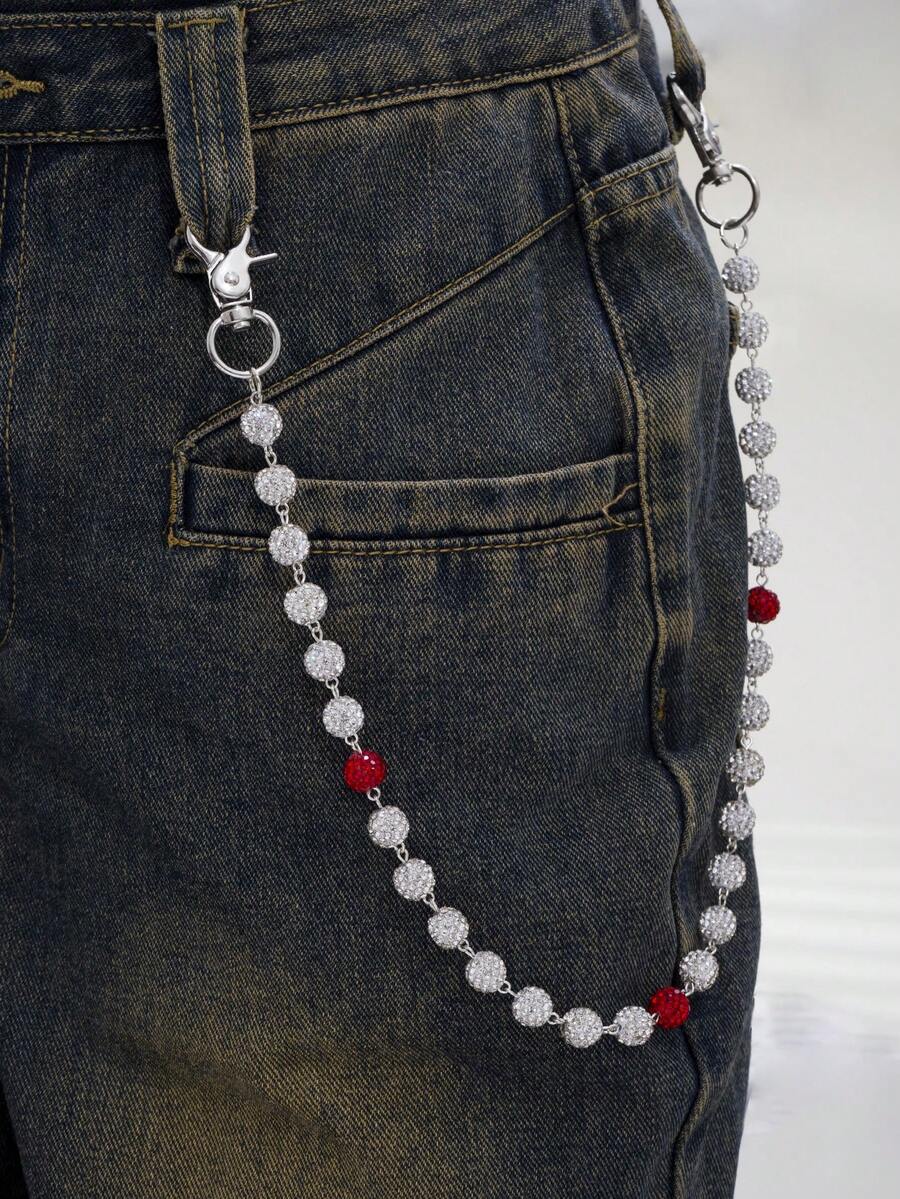 1 件时尚街头嘻哈裤链，奢华简约粘土水钻球水晶链腰带，男女手工身体链，日常穿着装饰，万圣节礼物 - 彩色 - 查看 1