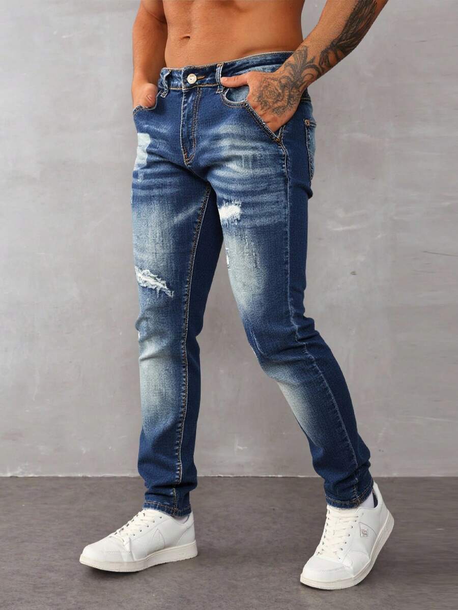 Pantalones vaqueros azules con rotos y efecto desgastado, corte recto, tejido suave y elástico, casuales y versátiles - Azul lavado medio - Ver 1