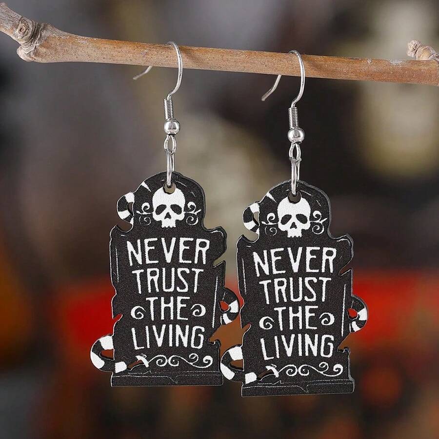 1 Pair Women Halloween Skeleton Head & Gravestone Pendant Earrings, Vintage Wooden Gothic Style Double-Sided Earrings, Halloween Party Gift