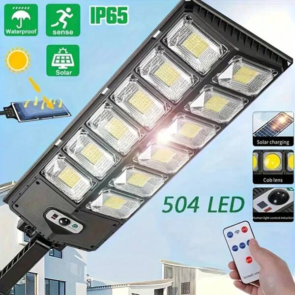 GHUSTAR 1 Stück Outdoor-Solar-Straßenlampe, 504 LED-Solar-Sensor-Sicherheitslampe, 3 Beleuchtungsmodi, Fernbedienung, geeignet für Innenhöfe, Handelsstraßen, Veranden, Terrassen, Garagen, Parkplätze usw.