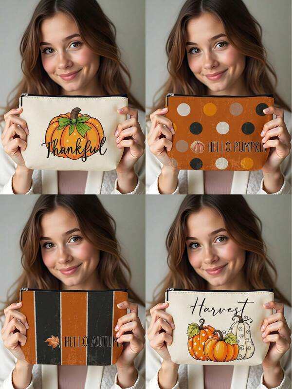 1pc Autumn Pumpkin Maple Leaf & Polka Dot Letter Pattern Linen Cosmetic Bag, Cute Travel Makeup Pouch & Multifunctional Coin Purse, Lightweight Women Essential Gift