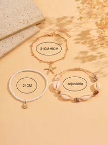 3 pièces/Lot Style Bohème Naturel Coquillage Bracelet de Cheville Fait Main Tressé, Perles de Verre et Étoile de Mer en Alliage Multi-Couche Polyvalent Mode Bijoux Pour Femmes, Convient Pour Port Quotidien, Plage, Fête, Festival de Musique