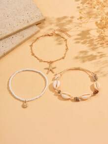 3 pièces/Lot Style Bohème Naturel Coquillage Bracelet de Cheville Fait Main Tressé, Perles de Verre et Étoile de Mer en Alliage Multi-Couche Polyvalent Mode Bijoux Pour Femmes, Convient Pour Port Quotidien, Plage, Fête, Festival de Musique