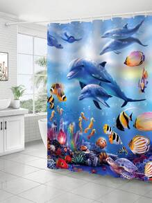 1 pieza Cortina de ducha de poliéster impermeable con patrón de delfín y tortuga, decoración moderna resistente al agua y al moho, cortina de ventana de baño para volver a la escuela