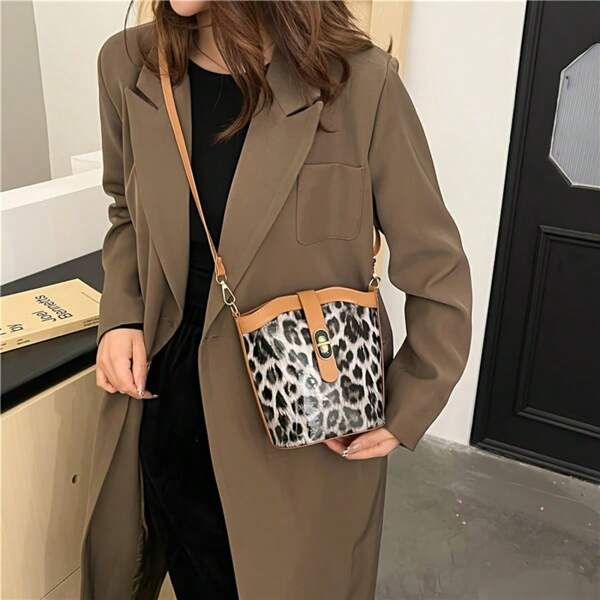 Simple Retro Leopard Print Bucket Bag For Women, New Casual Fashion One Shoulder Crossbody Bag, Textured Leisure Crossbody