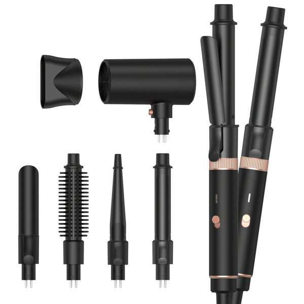 Conjunto de modelador de cachos e secador de cabelo dobrável com vários cilindros e bico concentrador de ar