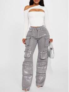 GLOURI Y2K Metallic Silver Cargo Jeans - High Waist Baggy Straight Leg Pants W/ Stretch With Multi-Pockets | Streetwear Festival Pants For Night Out And Weekend Vibes - Bạc - Xem 4