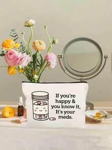 药丸主题收纳袋，字母“如果你快乐，你知道，这就是你的药。” 化妆包，药丸图案 - 送给护士的完美礼物！可收纳化妆品、美妆工具、指甲油、药丸等，适合外出旅行 - 彩色 - 查看 6