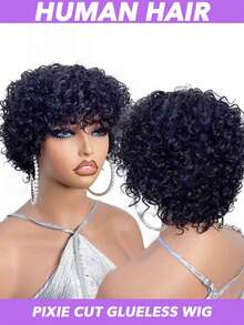 Pixie Cut Wigs Human Hair Short Curly Bob Wigs With Bangs Brazilian Afro Curly Human Hair Wigs Glueless Machine Made Short Pixie Cut Wigs For Women - Natural Black - View 4