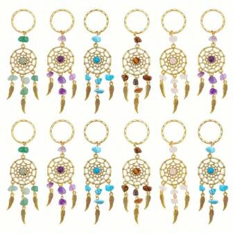 Set de 12 atrapasueños, piedras preciosas naturales, formas surtidas, accesorios de moda con llavero de animal y turquesa en estilo bohemio y de playa, para decorar mochilas y usar todo el año en la escuela