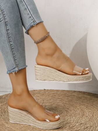 Women's Straw Wedge Rope Open Toe Slippers, Thick Sole Elevated Platform Sandals For Summer Outdoor Wear