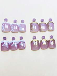 96pcs/Set (White Flower/Gold Flower/Gold Butterfly/White Butterfly) Short Square French Manicure Nail Stickers, Summer Full Coverage Press-On Nails With Reusable Storage Box, Women Nail Art Tools
