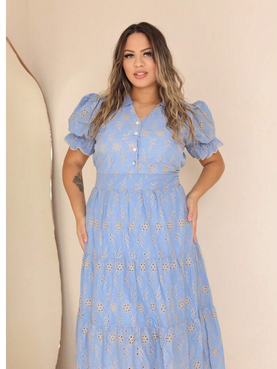 Women's Fashion Midi Dress In 3D Laise Fabric With Elastex On The Back And Button On The Front And Lining - hai màu xanh - Xem 1