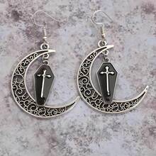 1 Pair Vintage Gothic Engraved Moon & Enamel Cross Coffin Pendant Earrings, Halloween Gift