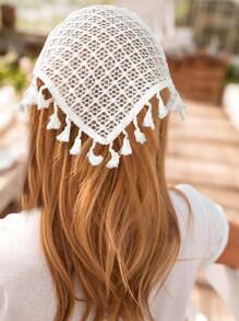 1pc White Knitted Flower & Mesh Pattern Triangle Scarf Headband Hair Band Turban Headband Sweatband