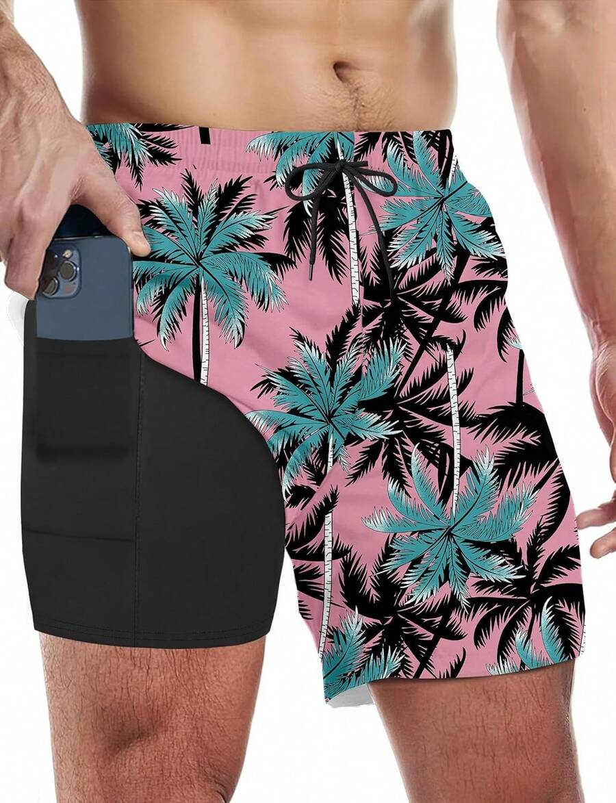 Mens Swim Trunks With Compression Liner 5 Inch Inseam Quick Dry Swim Shorts Mens Swimsuit Board Shorts With PocketsA Valentine's Day 4BGJ - Pink Tree - View 1