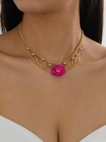 1 Stück Sommer Bohemien Vibrant Fuchsie asymmetrischer 5-Blüten Blumen Anhänger Halskette für Frauen, geeignet für Reisen, Urlaub, täglichen Outfit Tragen, Sommer Schmuck