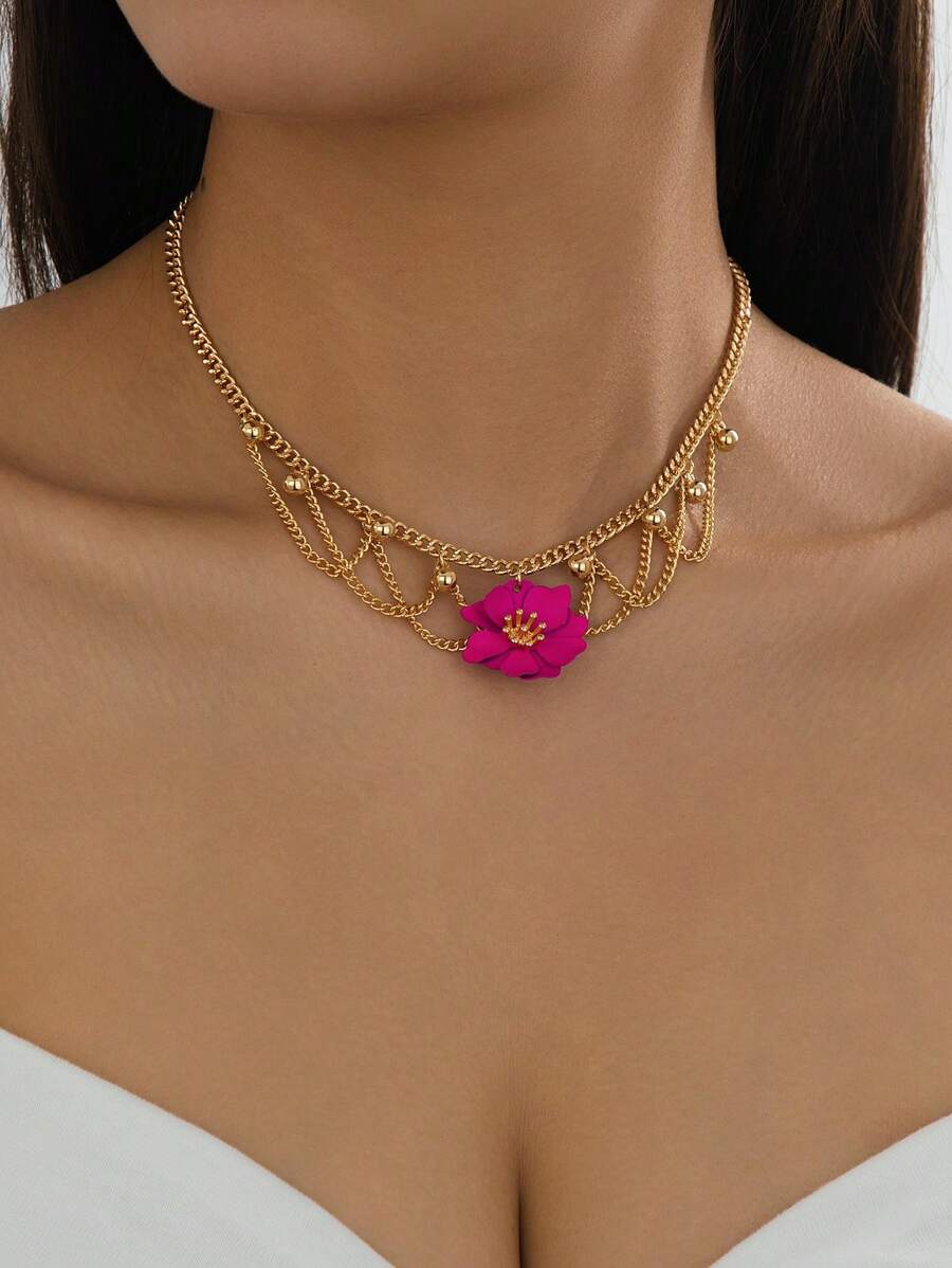 1 Stück Sommer Bohemien Vibrant Fuchsie asymmetrischer 5-Blüten Blumen Anhänger Halskette für Frauen, geeignet für Reisen, Urlaub, täglichen Outfit Tragen, Sommer Schmuck