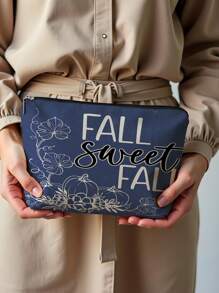 1pc Autumn Pumpkin Sunflower Maple Leaf Bow Letter Linen Printed Makeup Bag, Cute Travel Cosmetic Pouch And Multifunctional Coin Purse, Lightweight Gift For Women