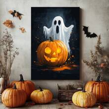 1 Piece,Orange Pumpkin Ghost's Halloween, Vintage Frameless Art Decoration Painting, Printed Posters Mural, Waterproof Canvas,Suitable For Home, Office, Bedroom, Living Room, Study, Bathroom, Bar, Wall Arts And Home Decoration, Is An Ideal Holiday Gift Halloween Decor Fall Decor Room Decor