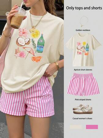 海滩花朵酒红色印花女士大码超大短袖上衣大码条纹短裤套装大码两件套女士夏季大码两件套度假装