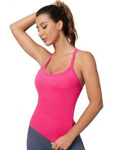 Workout Tops Women With Built In Bra, Sleeveless Gym Tops Seamless Racerback Athletic Yoga Shirts, Activewear - 野莓 - 查看 2