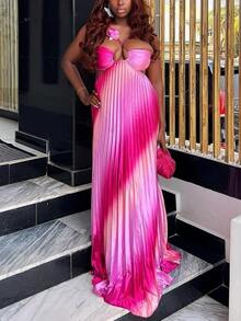 Sexy Ombre Maxi Dress - Halter Neck Beach Dress With Flowy Skirt & Slit, Stunning Gradient Color For Vacation & Pool Parties - 粉色 - 查看 6