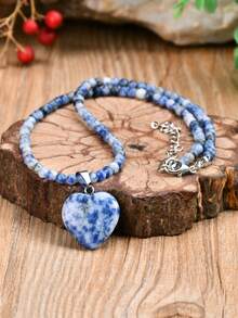 2pcs Vintage Nature Sodalite Stone Necklace And Bracelet Set, Heart Pendant Choker, Handmade Beaded Bracelet, Special Gift - Multicolor - View 9