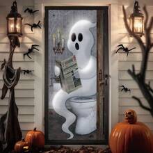 Dekorasi Penutup Pintu Hantu Halloween, Tanda Bacaan Hantu Lucu untuk Pintu Kamar Mandi, Latar Belakang Foto Trick or Treat di Teras - 1 buah - View 1
